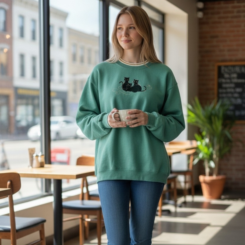 ​VTG Morning Sun Top Stitch Cat Sweatshirt Jade Green 2X